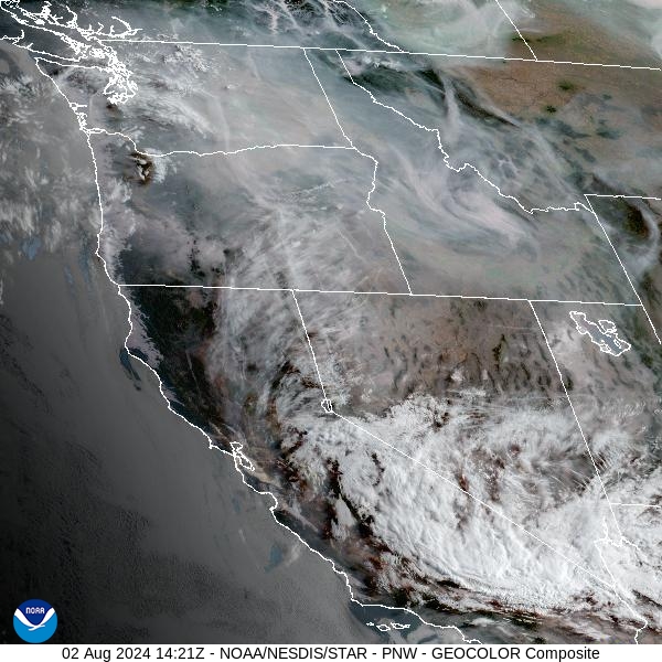 Friday morning’s satellite shows smoke trickling into Montana from fires burning upstream in Washington, Oregon, and Idaho. Monsoonal moisture is providing plenty of clouds over the Dessert Southwest.